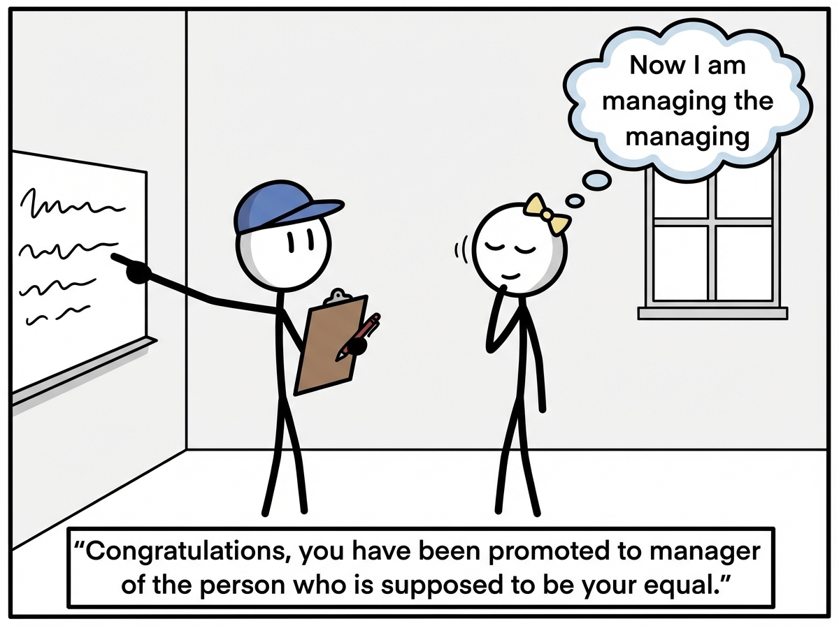 The first figure now delegating tasks with a clipboard while their partner nods obediently, adding a thought bubble that reads 'Now I am managing the managing'
