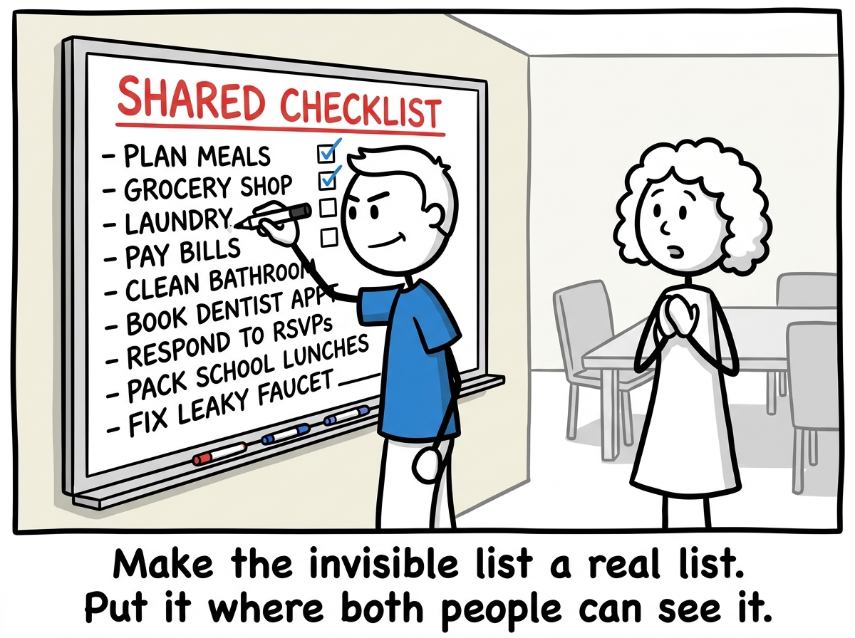 A stick figure making the invisible checklist visible by writing every hidden task on a shared whiteboard between both partners