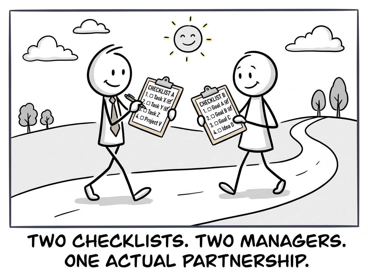 Both figures each carrying their own manageable checklist, walking side by side, neither one buried