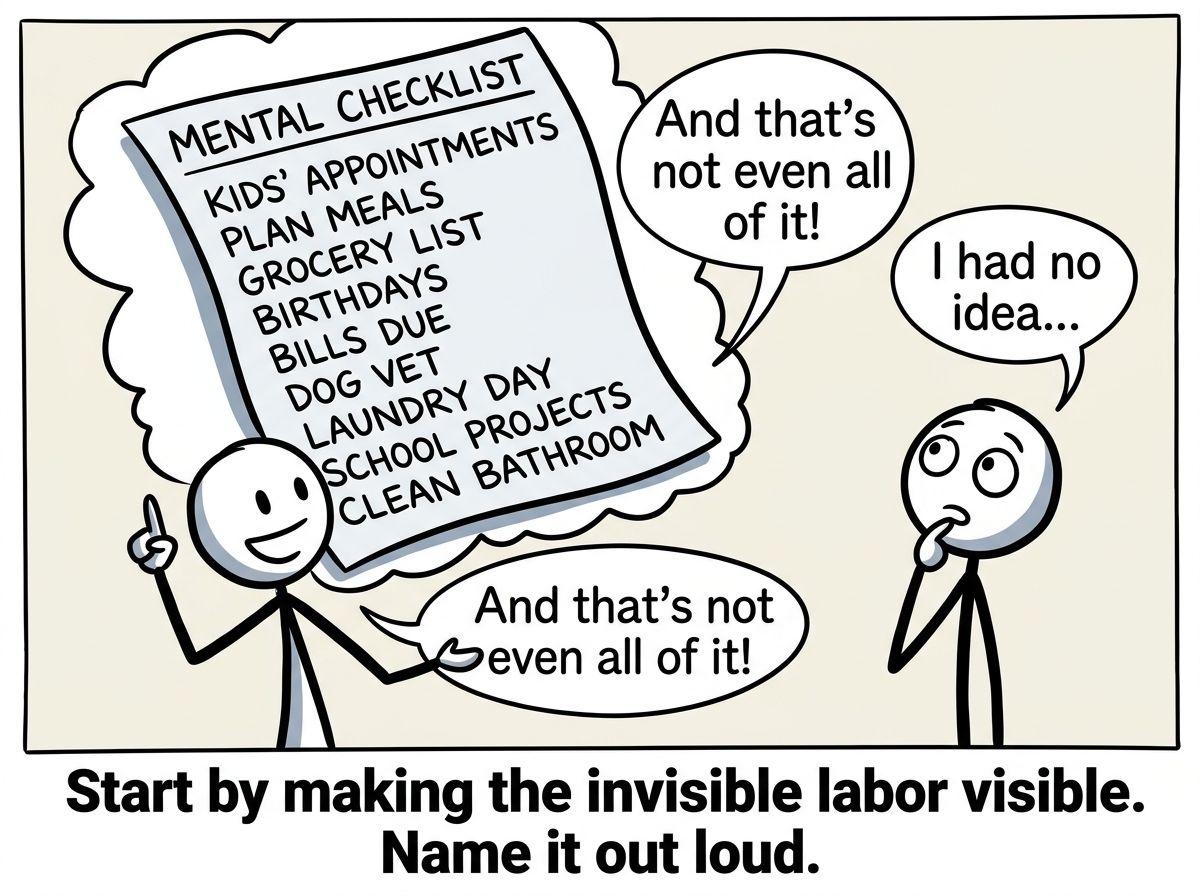 A stick figure showing their partner the invisible mental checklist floating above their head, making the invisible visible