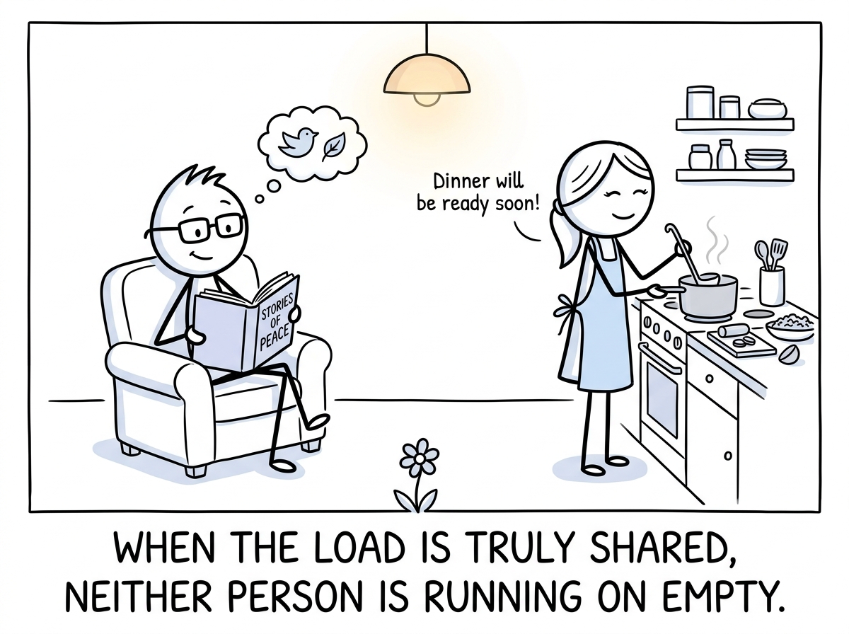 The previously overloaded figure reading a book while their partner handles dinner logistics, both calm and balanced