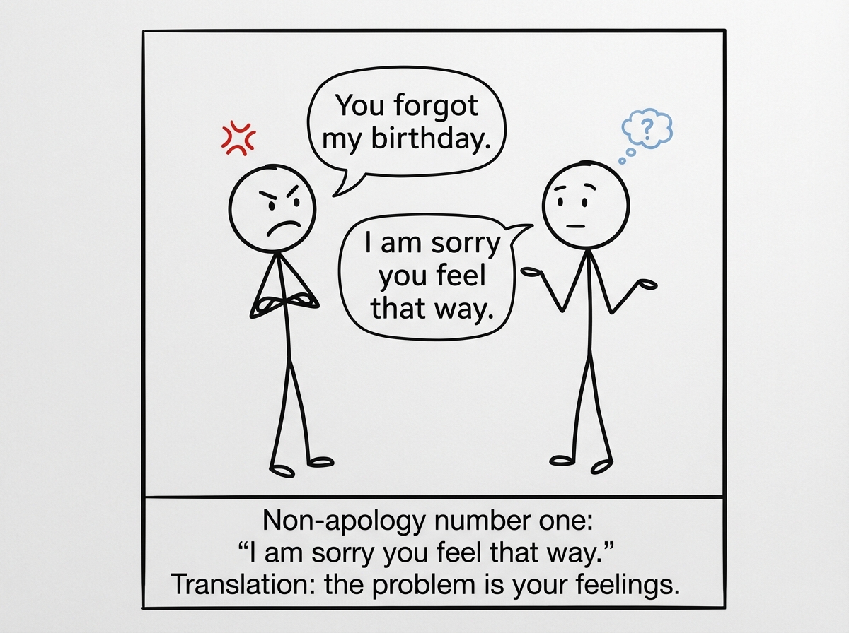 A stick figure with arms crossed saying 'You forgot my birthday' while their partner looks mildly inconvenienced and responds 'I am sorry you feel that way'
