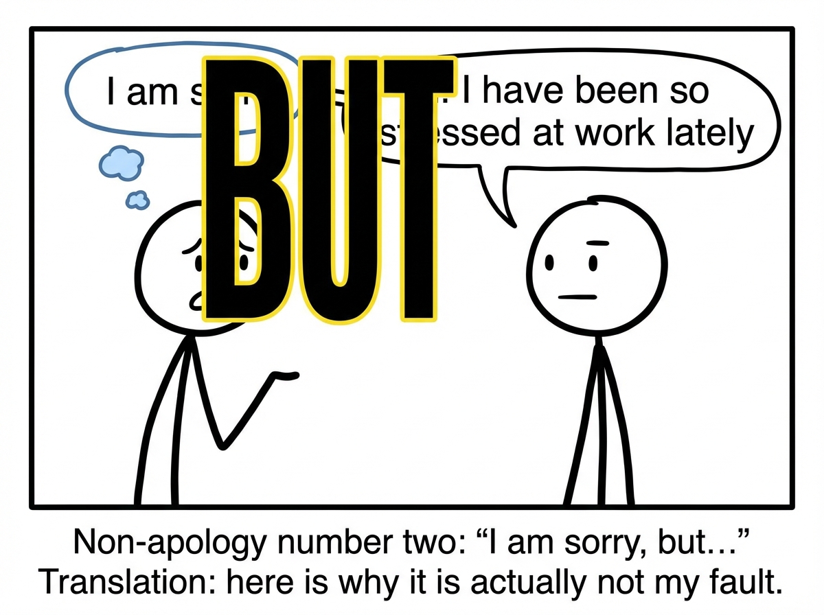 The same partner now adding 'I am sorry BUT I have been so stressed at work lately' with the word 'but' appearing in giant bold letters that erase everything before it
