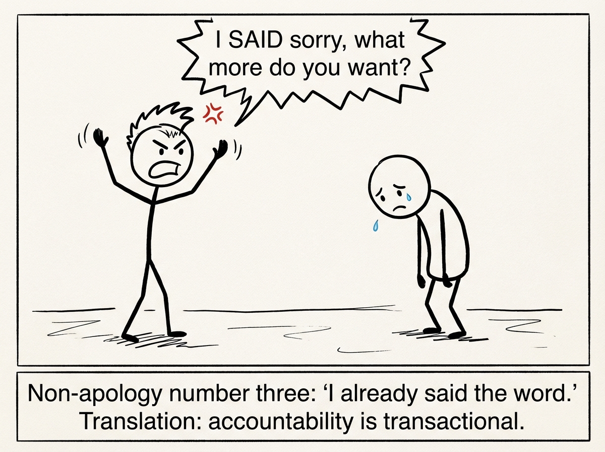 The partner throwing their hands up and saying 'I SAID sorry, what more do you want?' with an exasperated expression while the first figure looks deflated