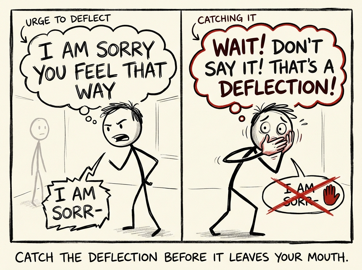 A stick figure feeling the urge to say 'I am sorry you feel that way' and catching themselves, pausing mid-sentence