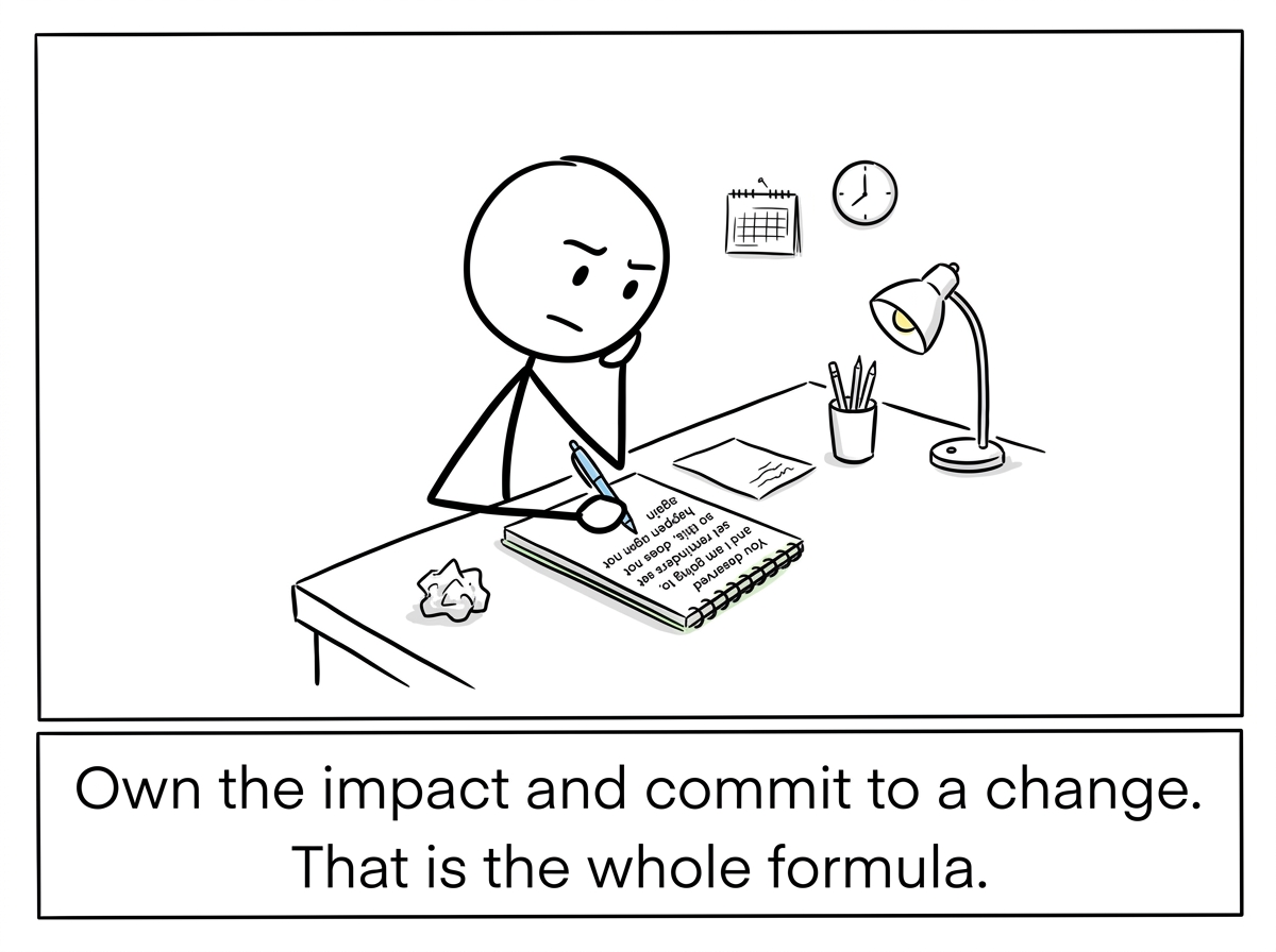 The stick figure adding 'You deserved better, and I am going to set reminders so this does not happen again'