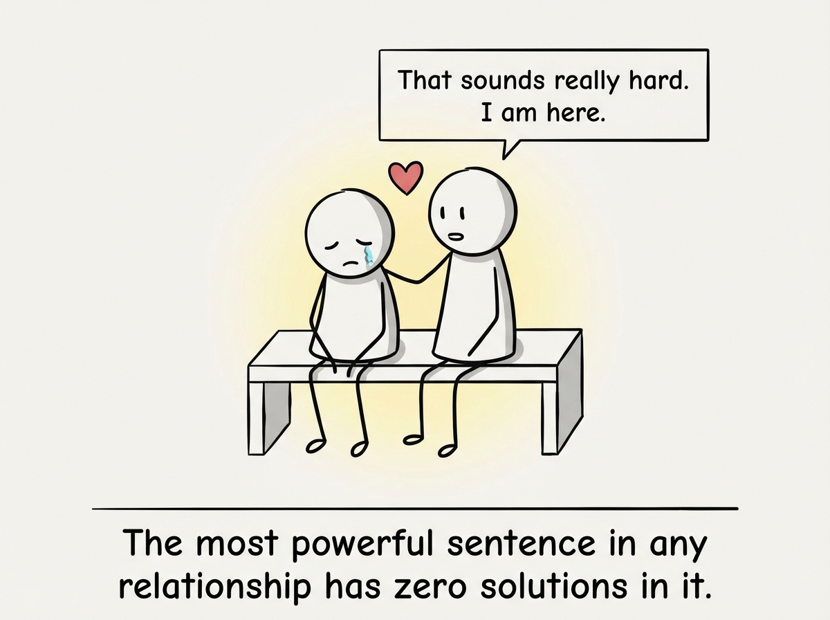 A mature version of the scene where the partner simply sits next to the sad figure, shoulder to shoulder, in silence, with a single speech bubble saying 'That sounds really hard. I am here.'