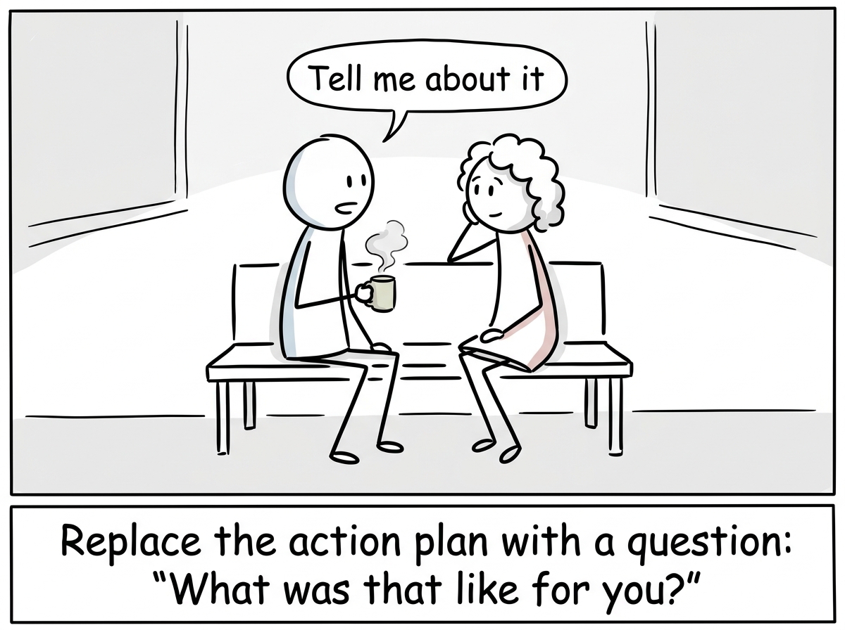 The stick figure sitting down next to their partner, saying 'Tell me about it' with no whiteboard in sight