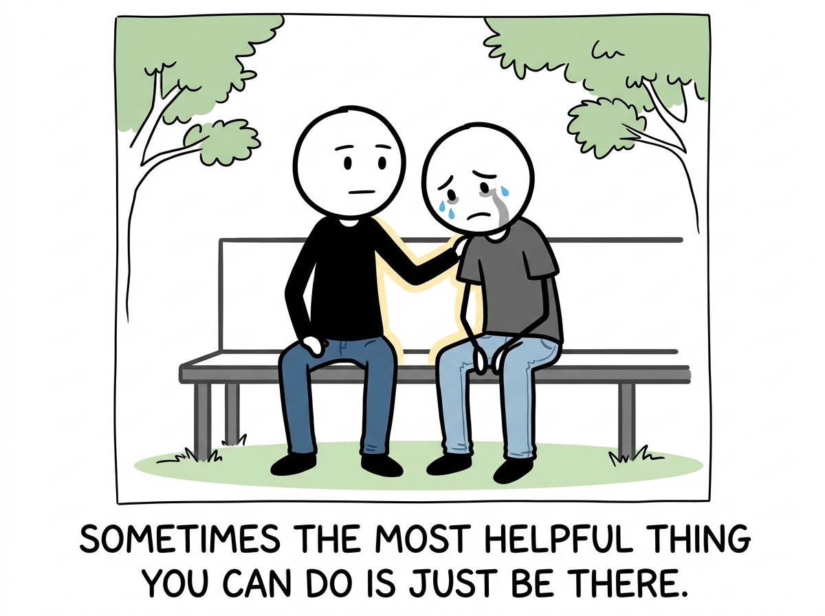 Both figures sitting together in silence, shoulder to shoulder, the sad person looking comforted by presence alone