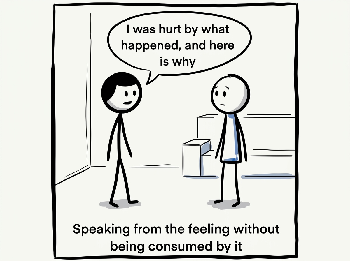 The stick figure returning to the conversation calm, saying 'I was hurt by what happened, and here is why'