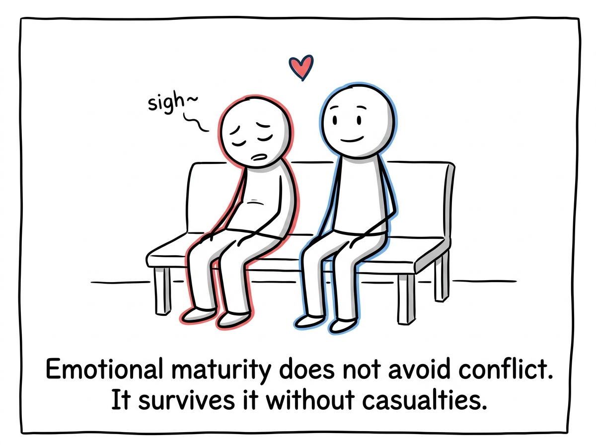 Both figures sitting together, one looking relieved, the other looking respected, the conflict resolved without wreckage