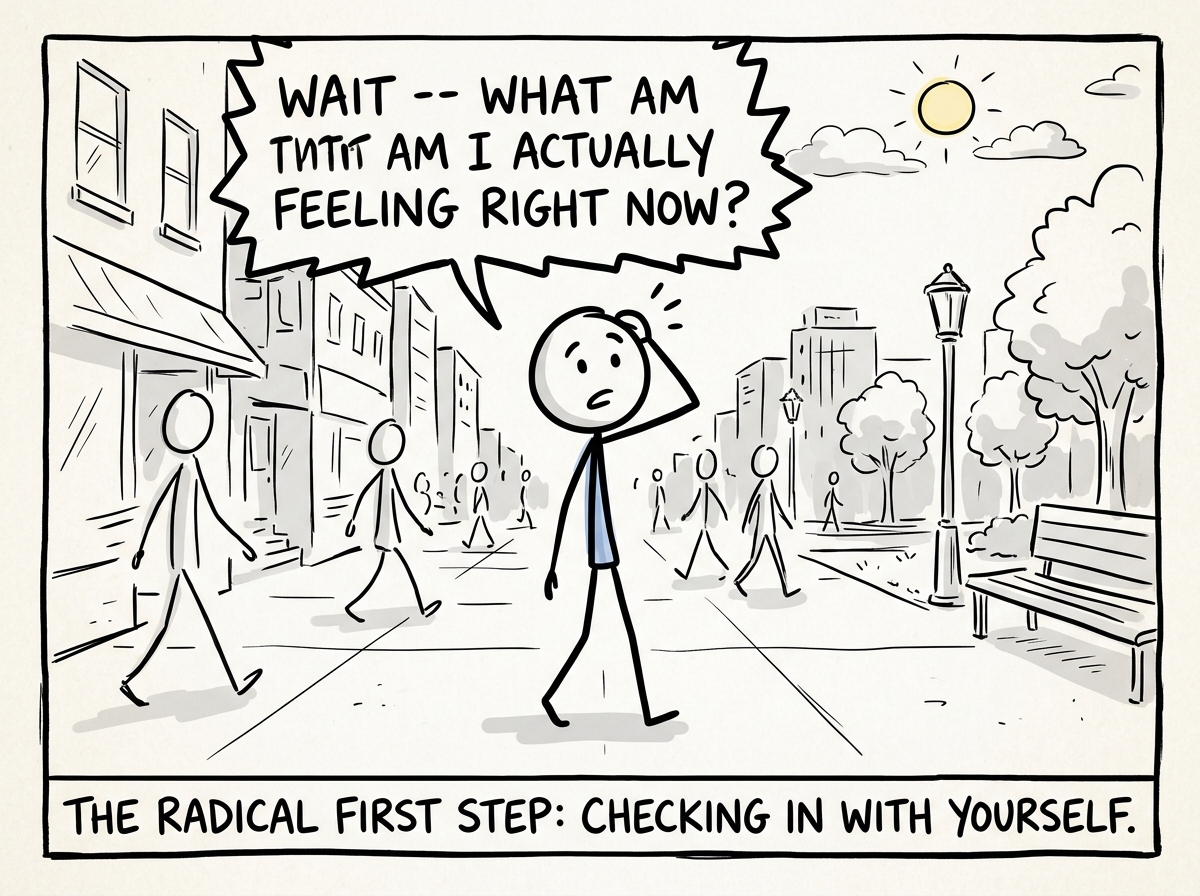 A stick figure pausing mid-day and asking themselves 'Wait -- what am I actually feeling right now?' with a small look of surprise