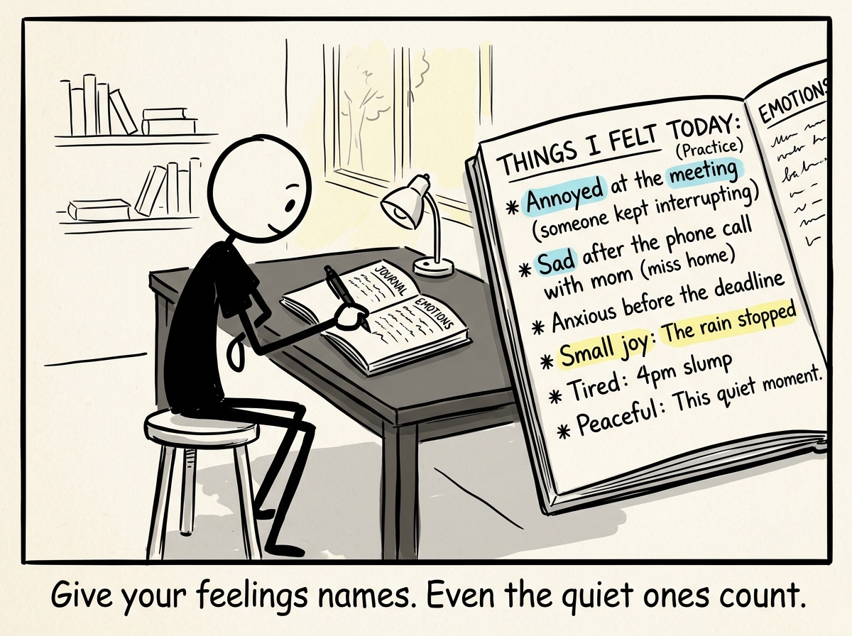 The stick figure writing in a journal, listing small feelings they noticed -- 'annoyed at the meeting, sad after the phone call' -- practicing emotional awareness