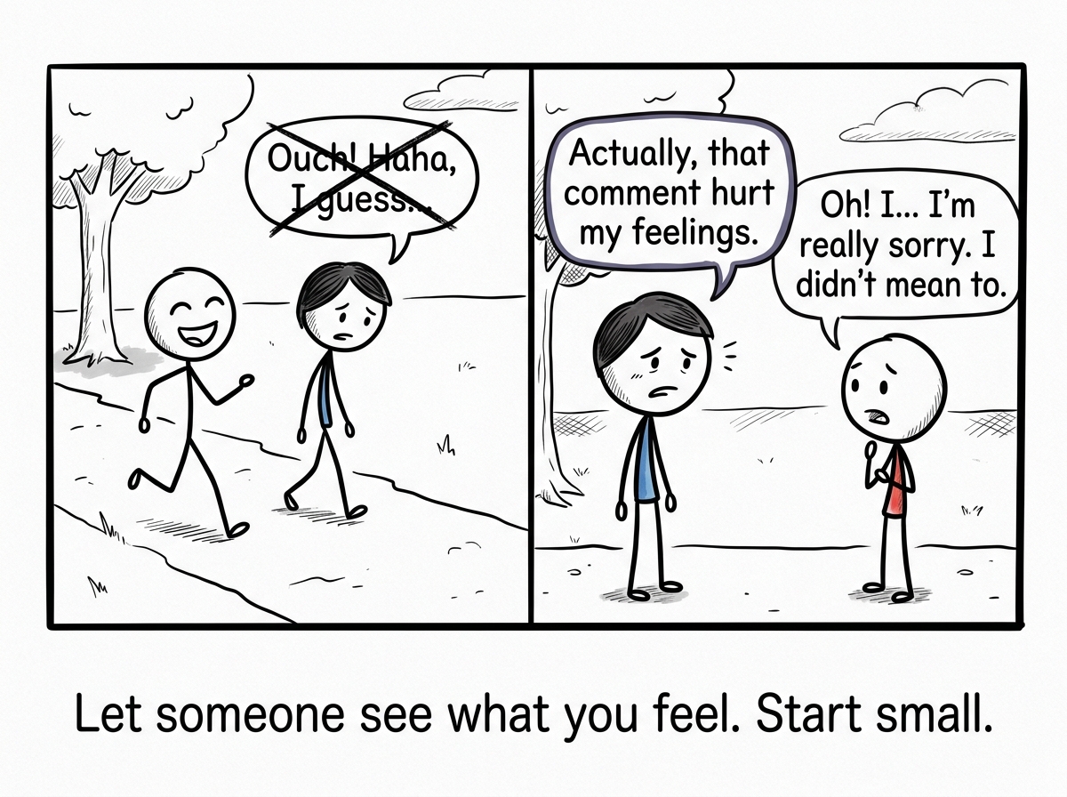 The stick figure telling a friend 'Actually, that comment hurt my feelings' instead of brushing it off with a smile