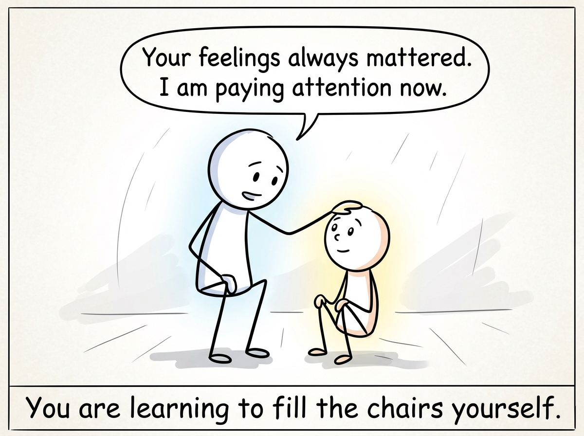The stick figure looking at a younger version of themselves and saying 'Your feelings always mattered. I am paying attention now'