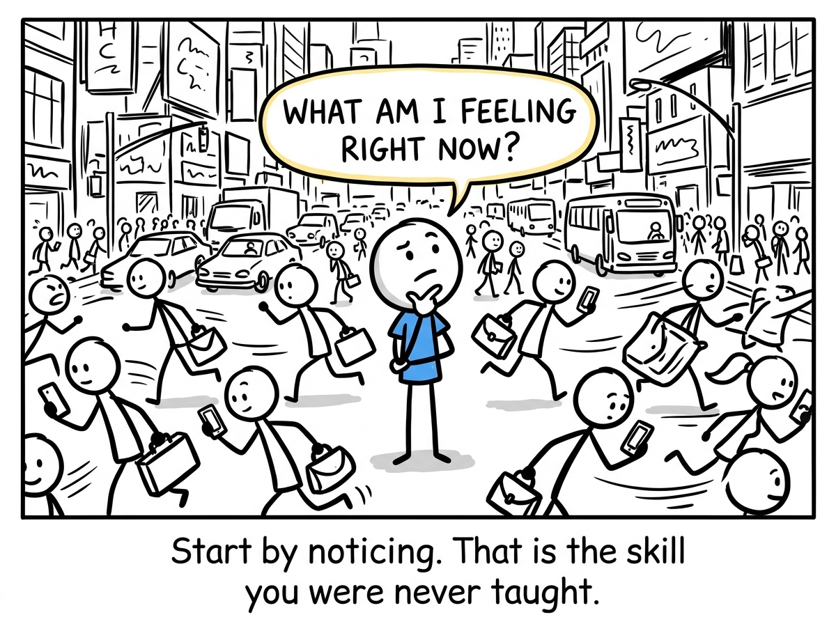 A stick figure pausing in the middle of a busy day and asking 'What am I feeling right now?' with genuine curiosity