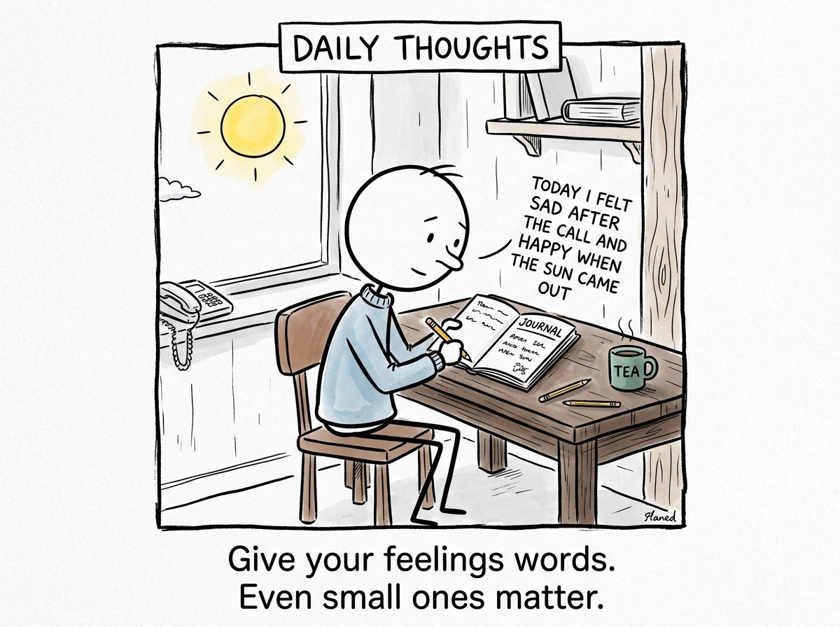 The stick figure writing in a small journal: 'Today I felt sad after the call and happy when the sun came out' -- simple but real