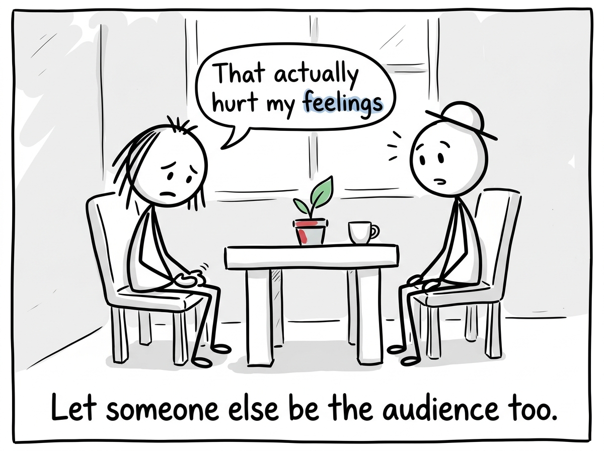 The stick figure sitting across from a trusted friend, saying 'That actually hurt my feelings' instead of smiling through it