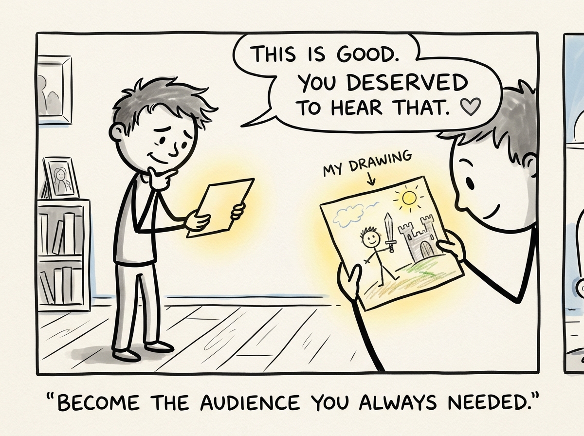 The stick figure looking at their younger self's drawing and finally saying 'This is good. You deserved to hear that'