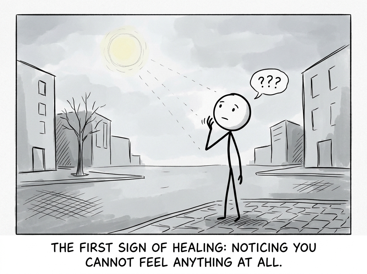 A stick figure in a gray, muted world noticing for the first time that they cannot feel the sunshine on their face, looking confused