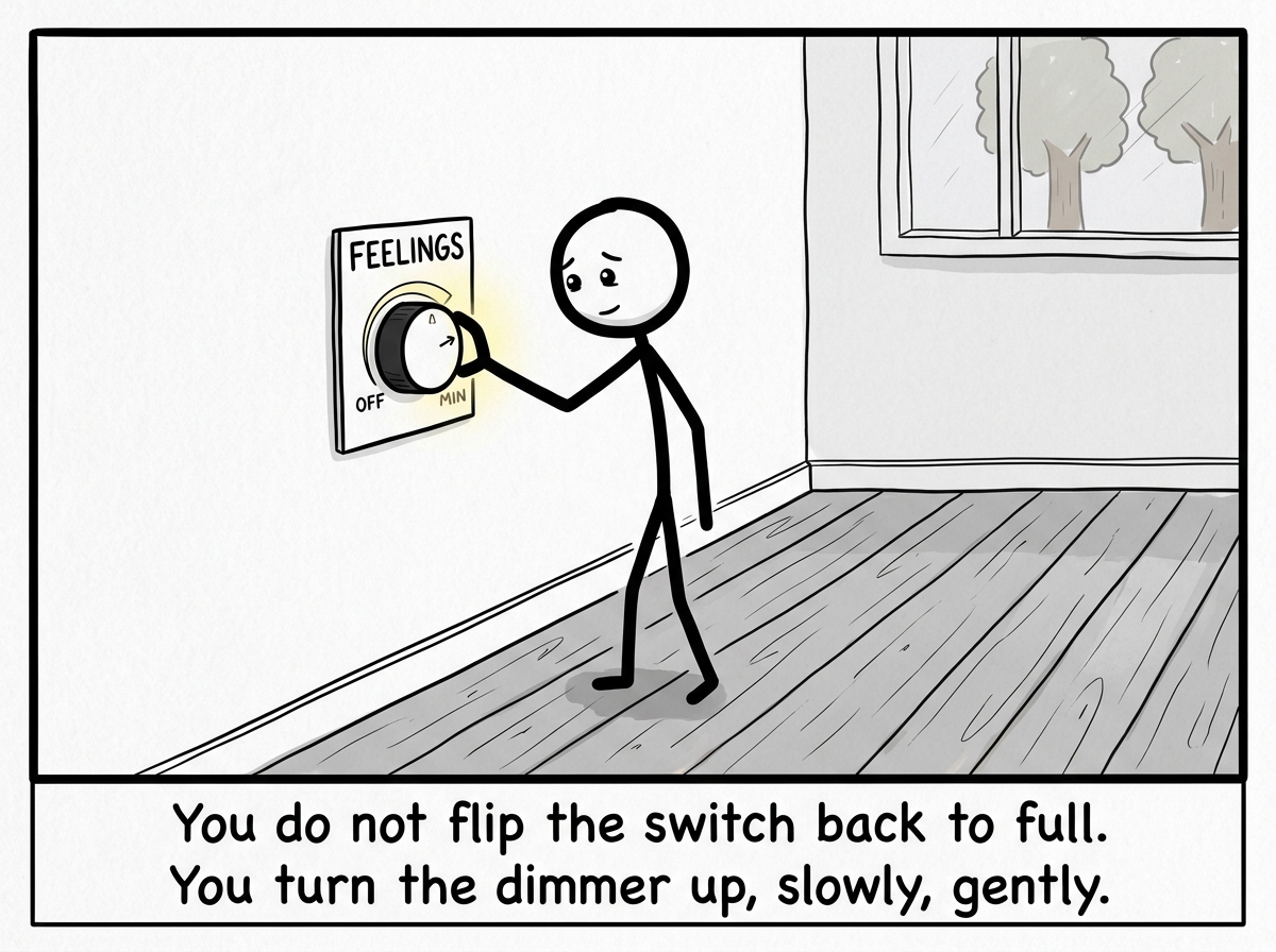 The stick figure gently turning a dimmer switch labeled 'Feelings' from OFF toward a low setting, just barely, with cautious hope