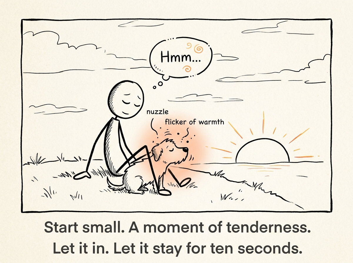 The stick figure noticing a small feeling -- a flicker of warmth from a dog's nuzzle or a sunset -- and letting it stay instead of pushing it away