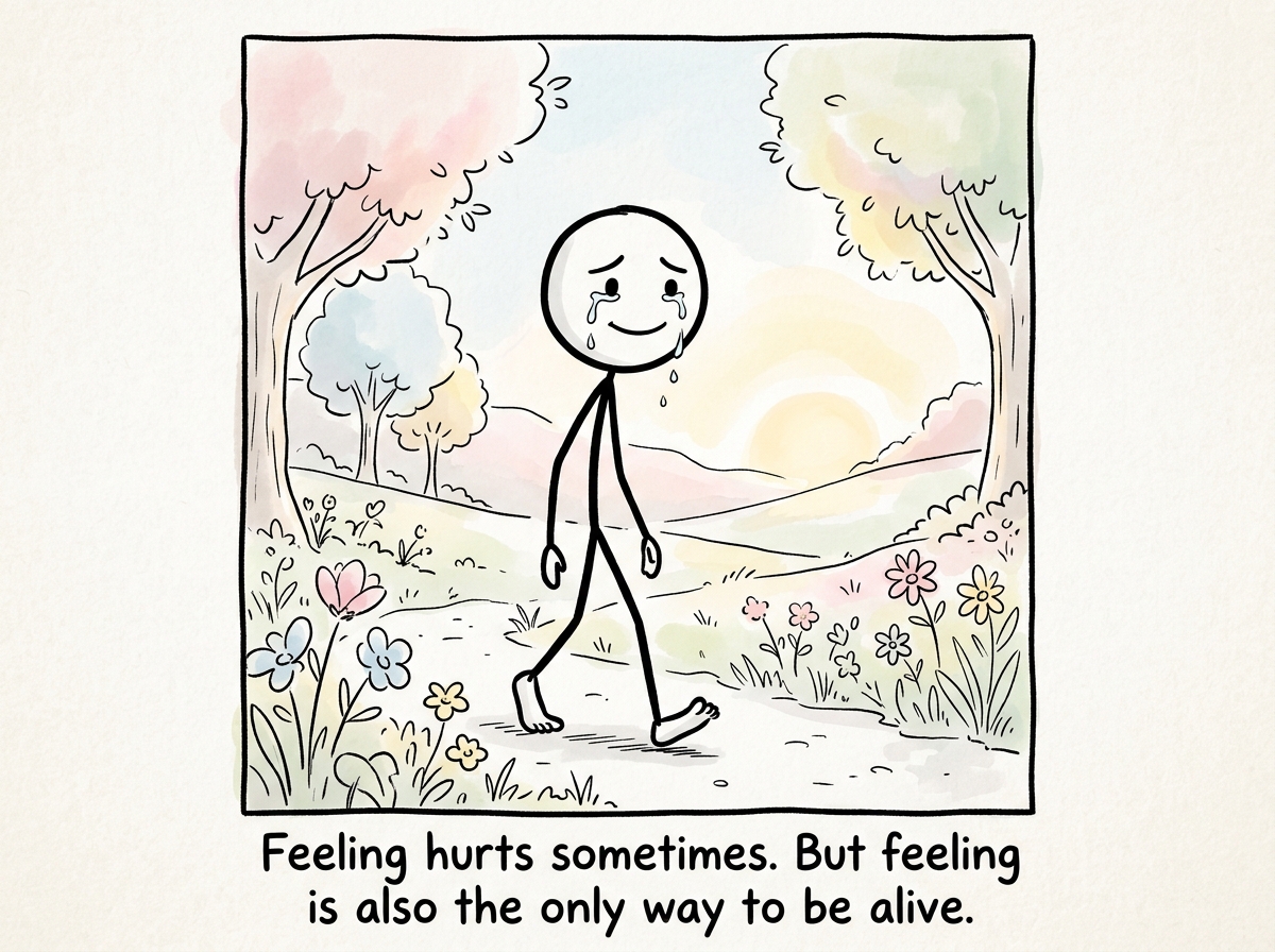 The stick figure in a world with soft colors returning, feeling both sadness and joy at once, tears and a faint smile, alive again
