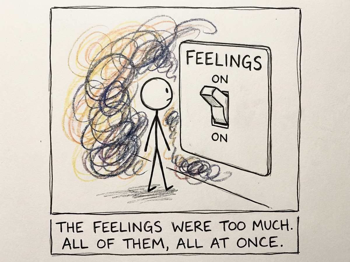 A stick figure standing next to a large wall switch labeled 'FEELINGS' in the ON position, with colorful emotions swirling around them -- some bright and warm, others dark and painful