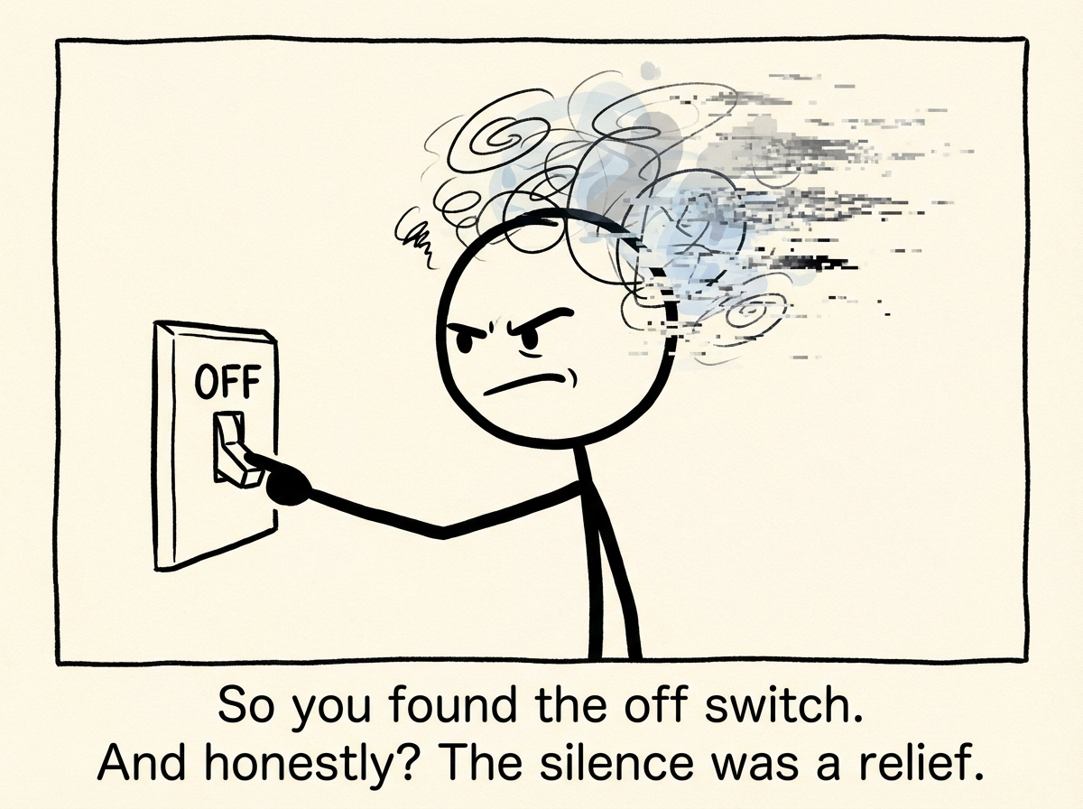 The stick figure flipping the switch to OFF with a look of determination, the swirling emotions beginning to fade out like a TV losing signal