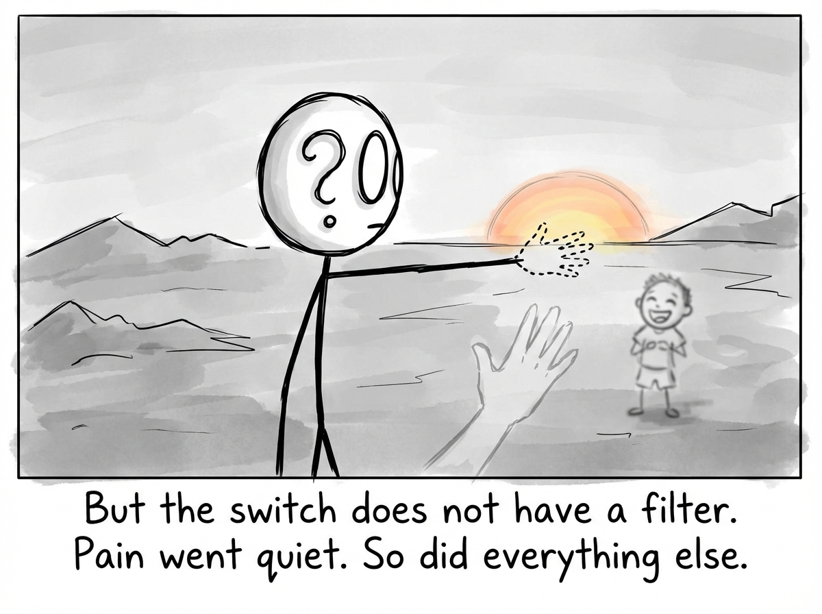 The stick figure standing in a gray, muted world with a confused expression, reaching out to touch things -- a sunset, a friend's hand, a laughing child -- but feeling nothing