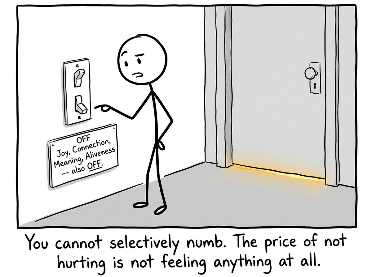 The stick figure looking at the switch, now realizing the OFF position has a label beneath it reading 'Joy, Connection, Meaning, Aliveness -- also OFF.' A small crack of light seeps under a door nearby