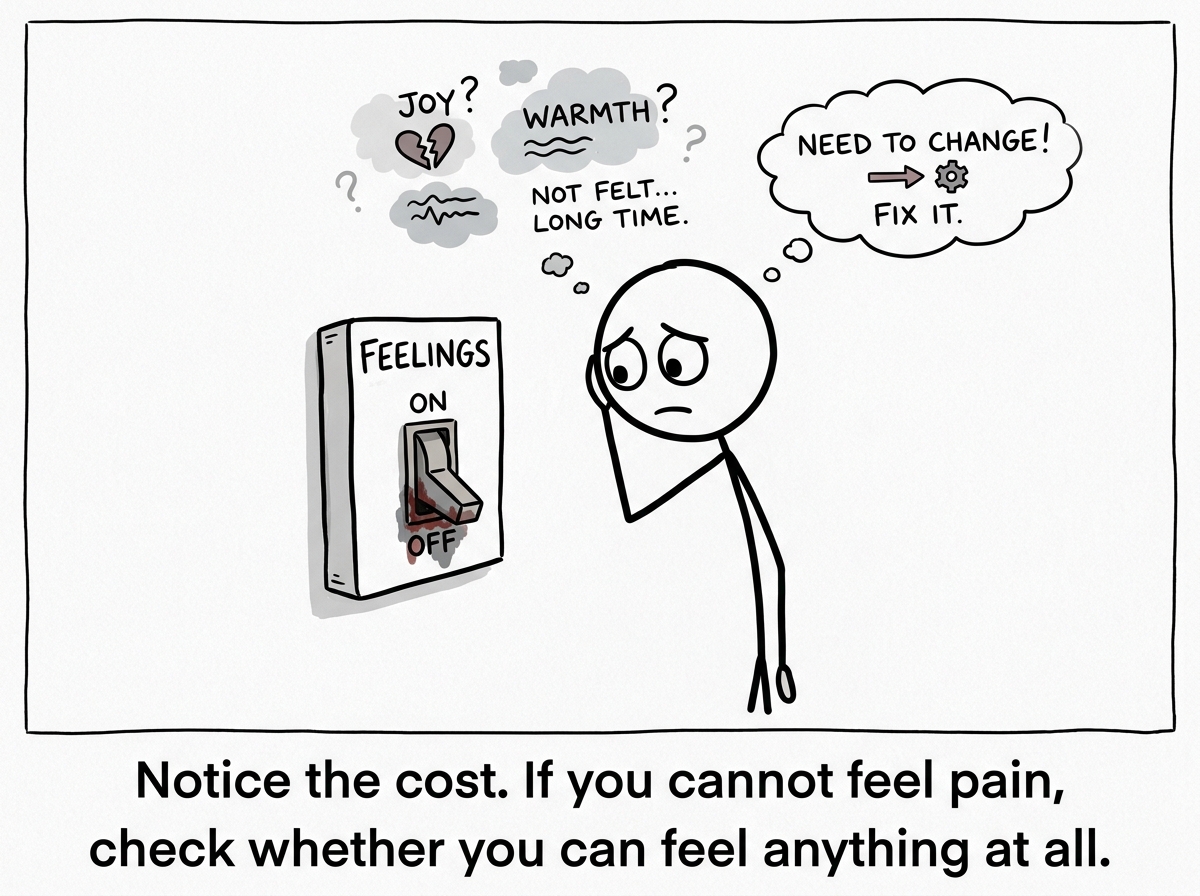 A stick figure looking at the feelings switch stuck on OFF, realizing they have not felt joy or warmth in a long time, deciding something needs to change