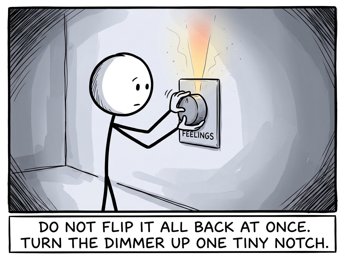 The stick figure gently turning a dimmer switch instead of a binary on/off, allowing just a sliver of feeling back in -- a small warmth, a faint sadness