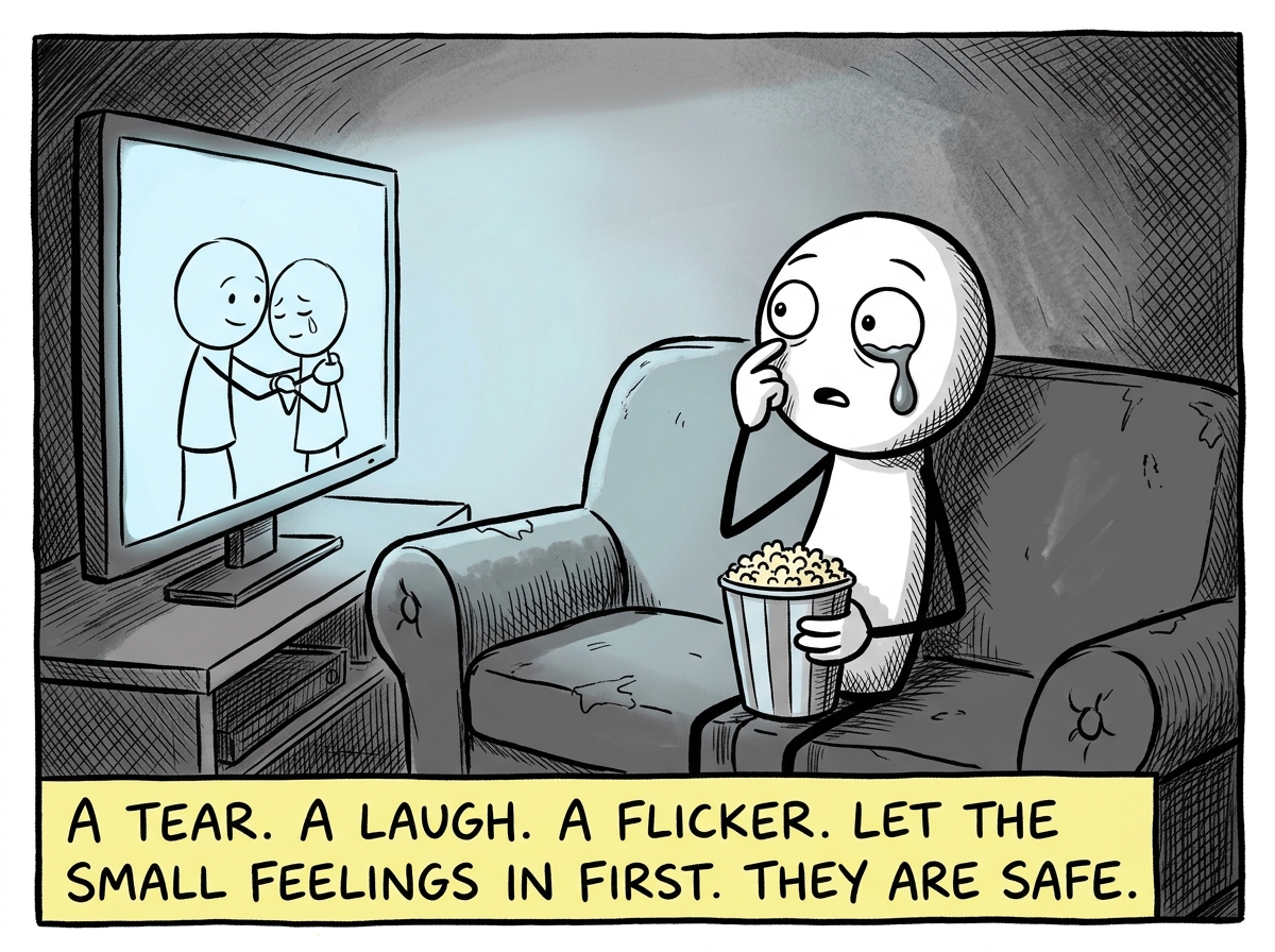 The stick figure watching a movie and feeling their eyes get wet for the first time in months, surprised and a little scared but letting it happen
