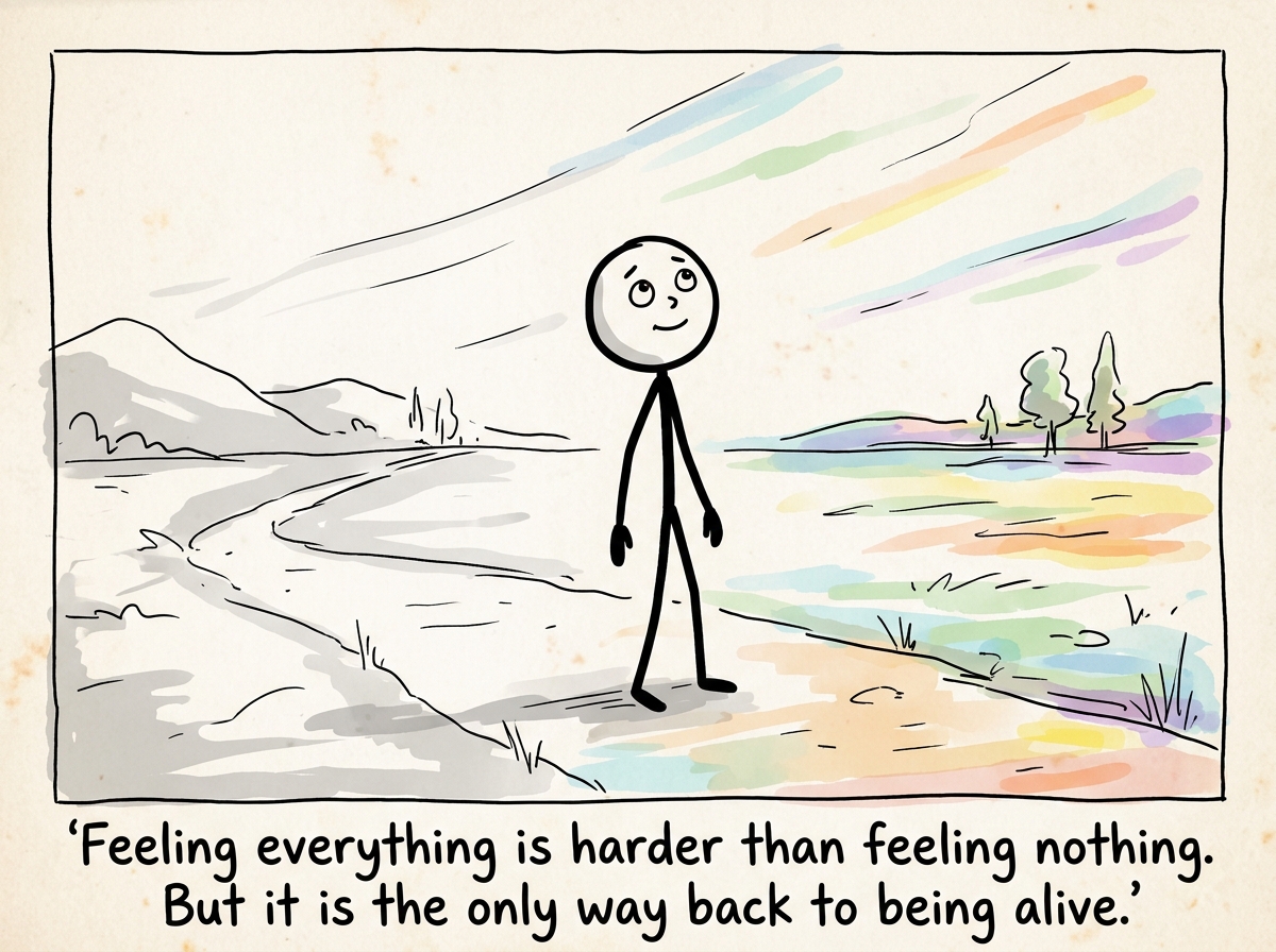 The stick figure in a world slowly regaining color, feeling both the ache and the beauty, standing in the full spectrum with quiet courage