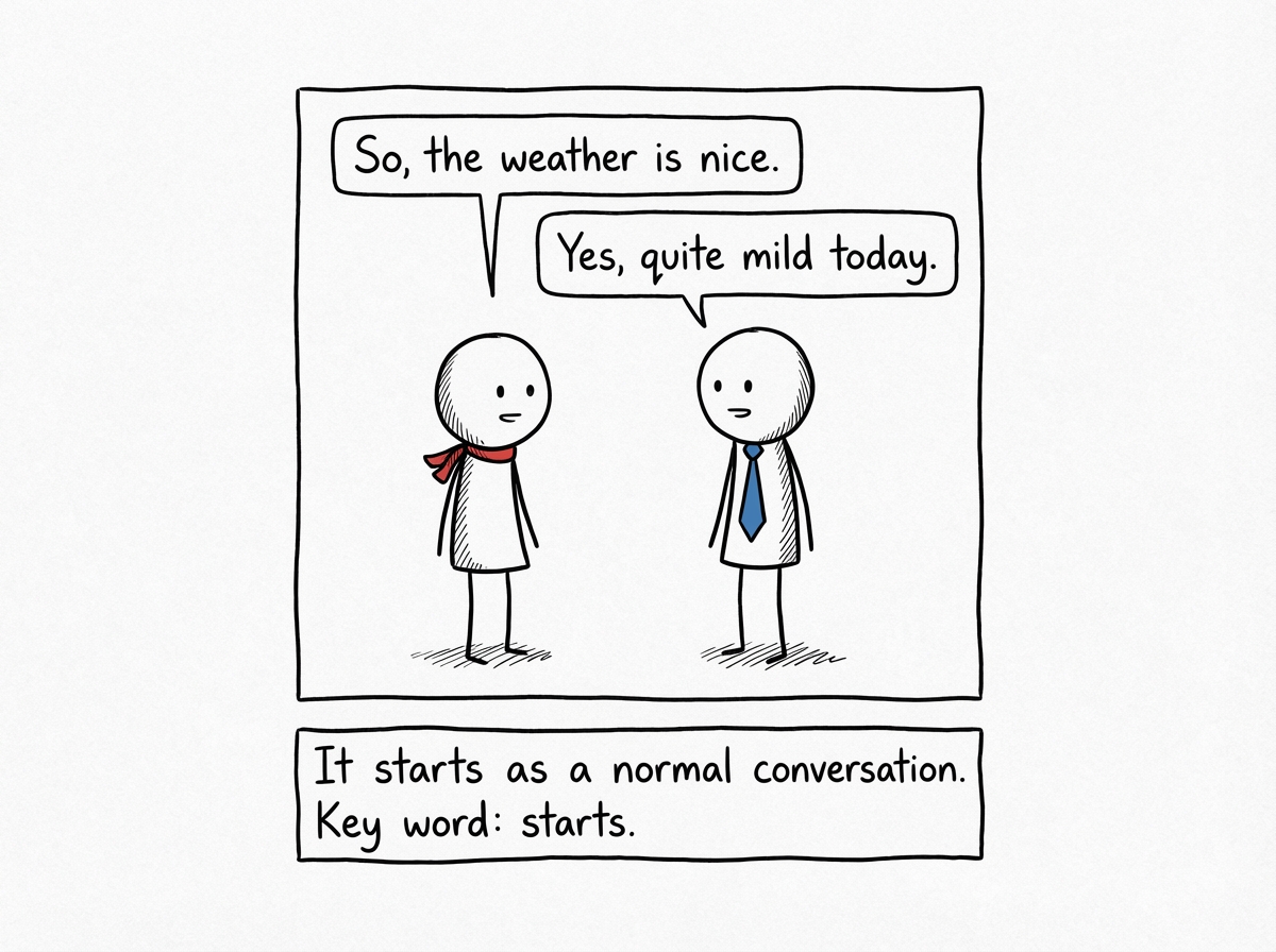 Two stick figures having a calm conversation with small, controlled speech bubbles