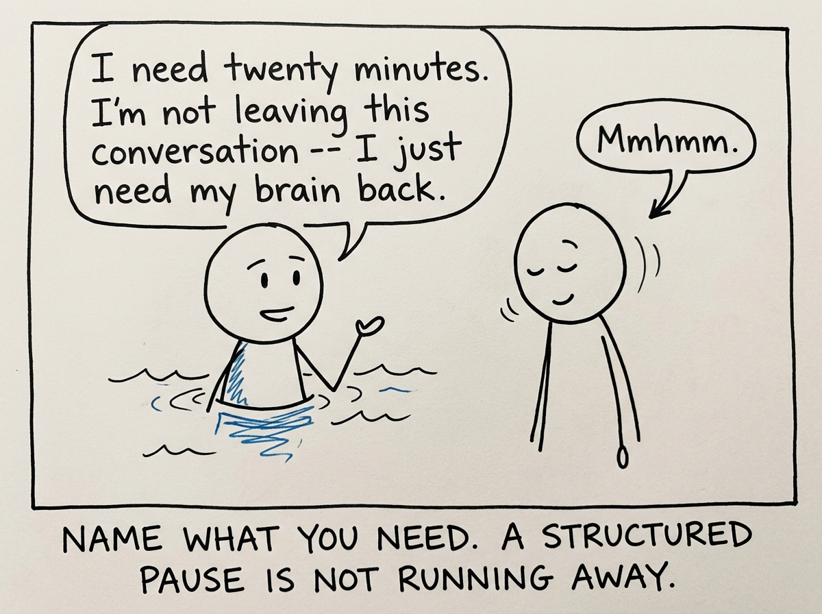 The flooded stick figure calmly saying 'I need twenty minutes. I'm not leaving this conversation -- I just need my brain back.' The other person nodding.