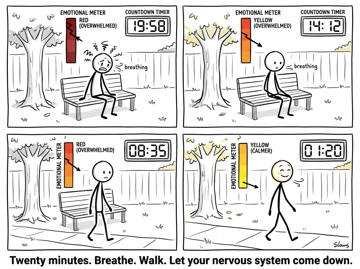 The stick figure sitting outside, doing slow breathing, the emotional meter gradually dropping from red back to yellow as the timer counts down