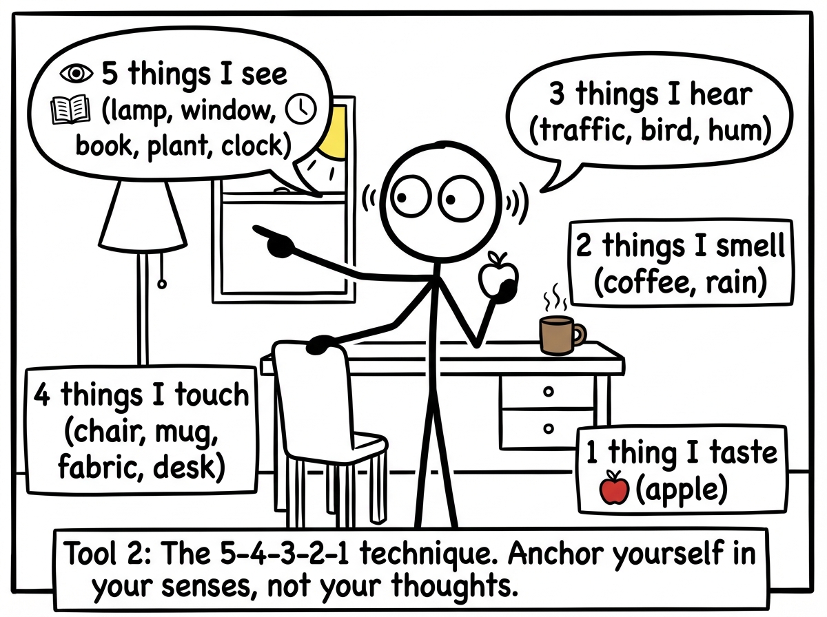 The stick figure looking around and pointing at objects, with labels: 5 things I see, 4 things I touch, 3 things I hear, 2 things I smell, 1 thing I taste