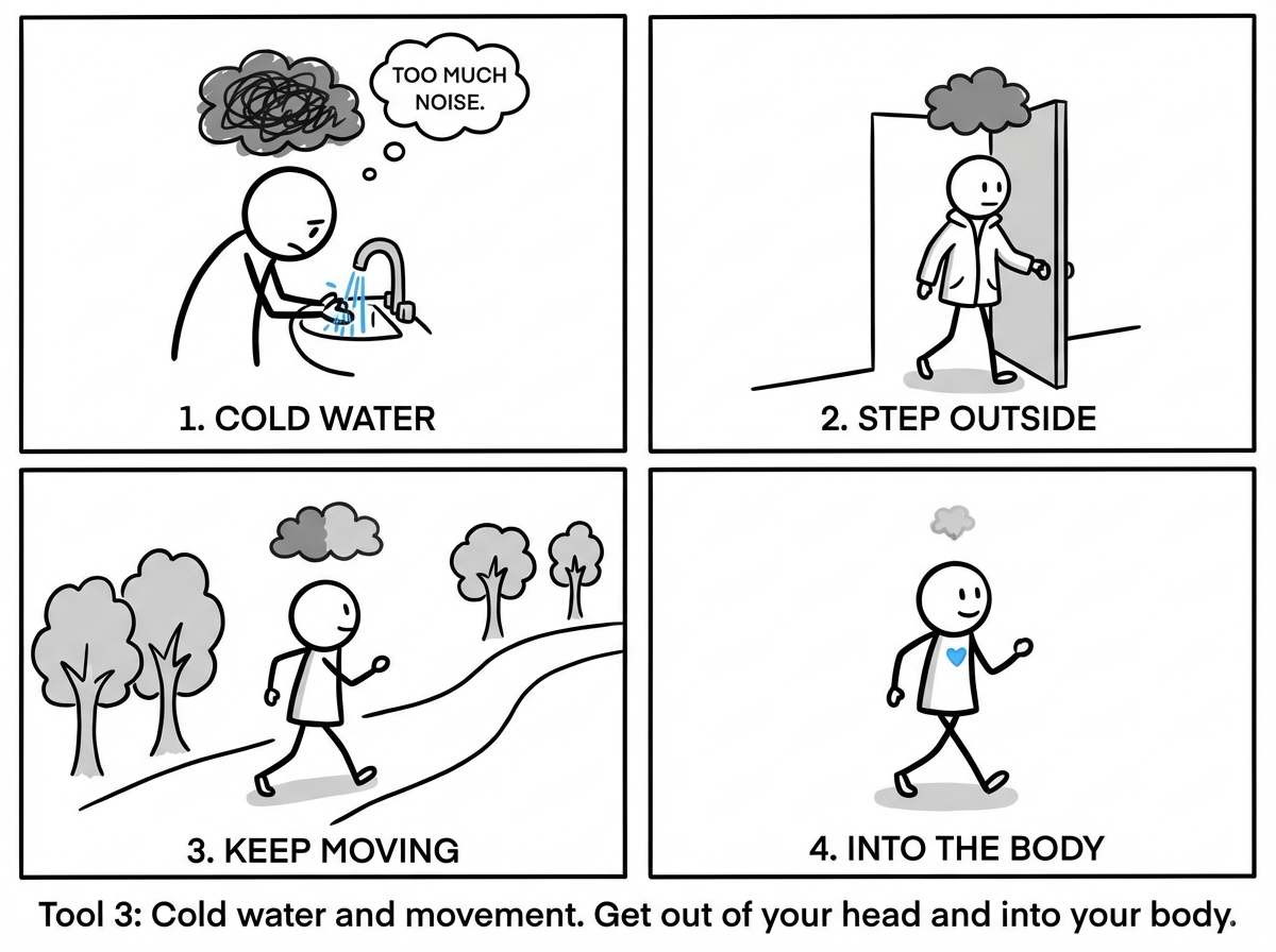 The stick figure running their hands under cold water and then taking a walk outside, with the emotional storm cloud above their head shrinking with each step
