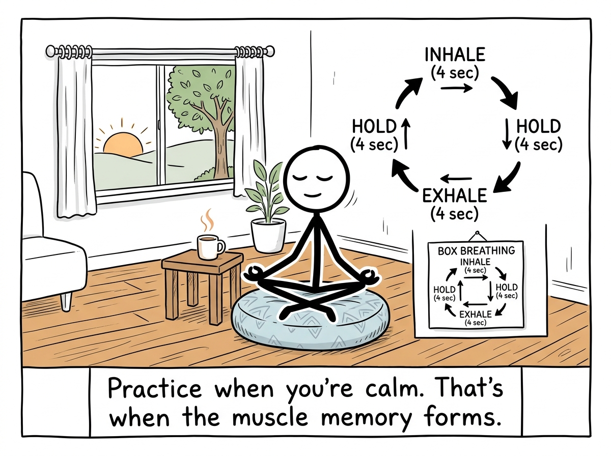 A calm stick figure sitting on a cushion practicing box breathing on a peaceful morning, no emergency happening, just building the habit