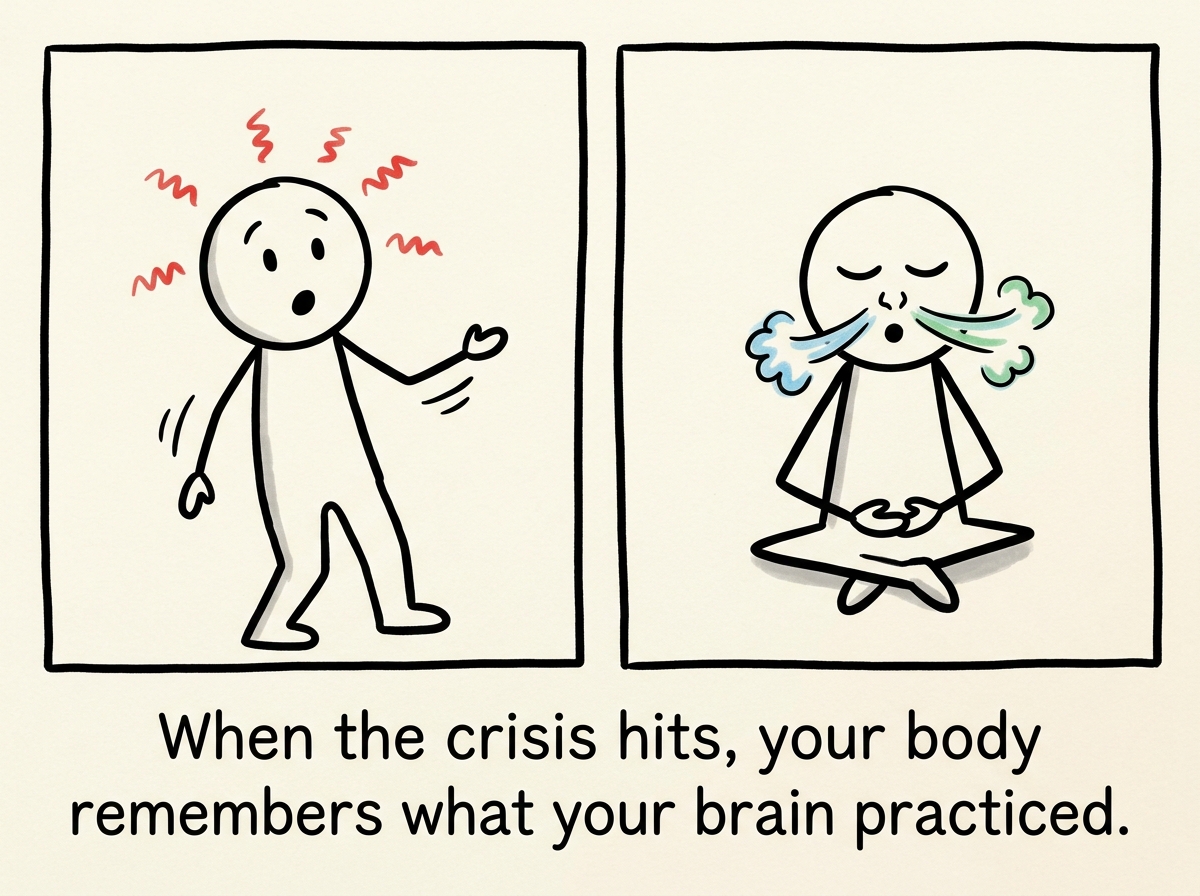 The same stick figure weeks later, hit by an emotional wave, automatically reaching for the breathing technique without having to think about it