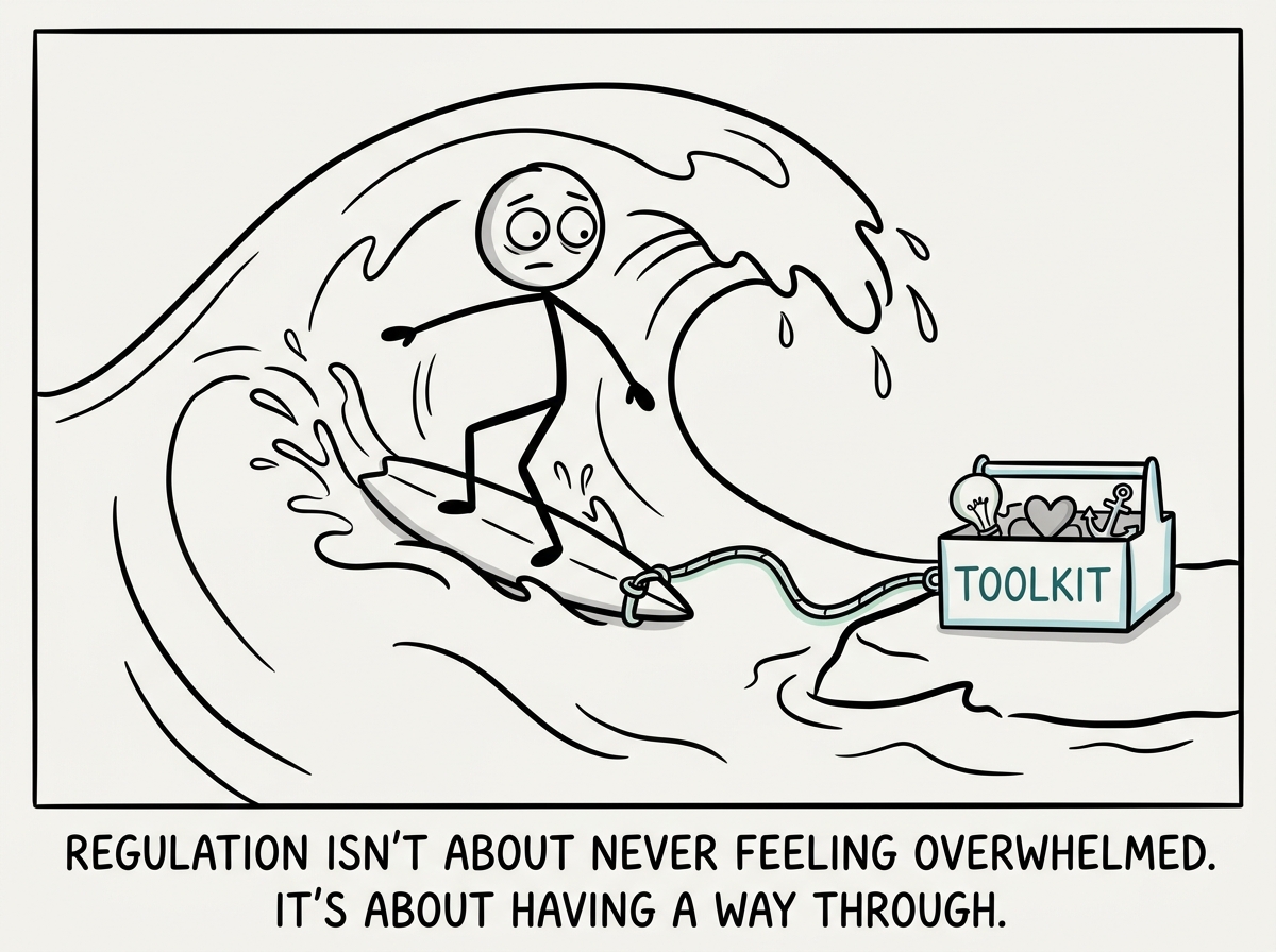 The stick figure riding out the emotional wave, not unaffected but not drowning, the toolkit visible nearby as a steady anchor