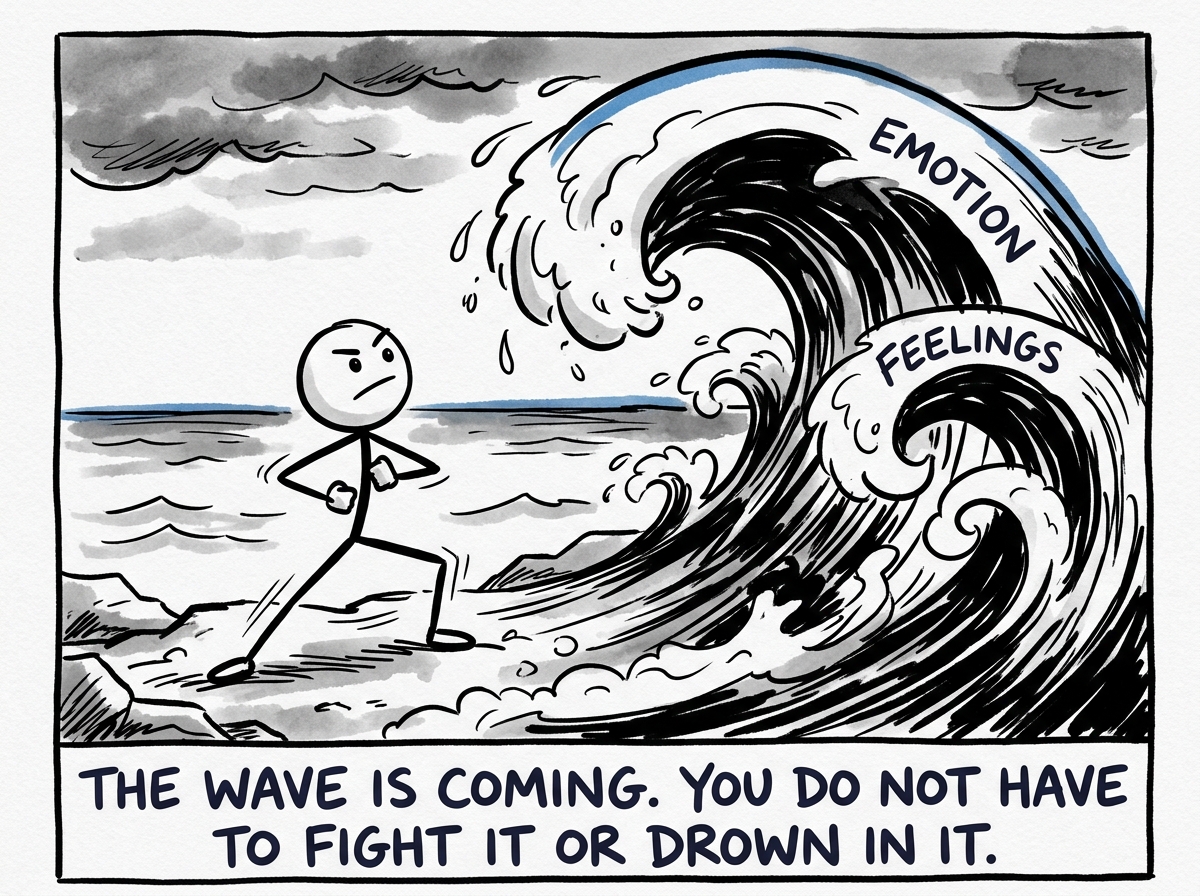 A stick figure feeling a strong emotion rising -- shown as a wave -- and instead of fighting it or drowning in it, planting their feet and preparing to ride it
