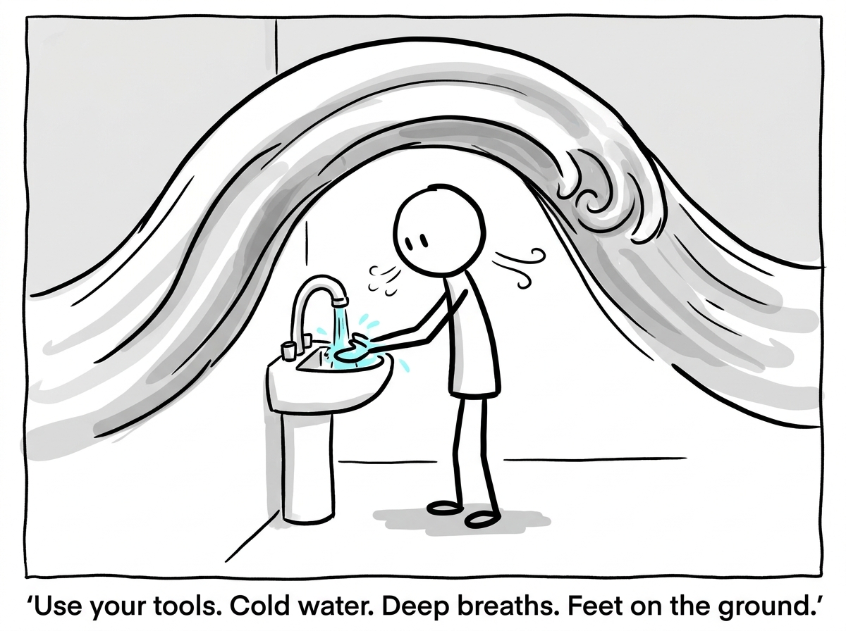 The stick figure using a grounding tool -- hands under cold water -- while the emotional wave crests around them but does not pull them under