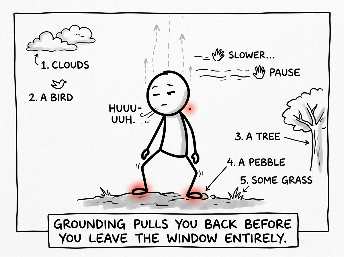 The stick figure planting their feet on the ground, taking a slow breath, and naming five things they can see. The upward drift slows and pauses