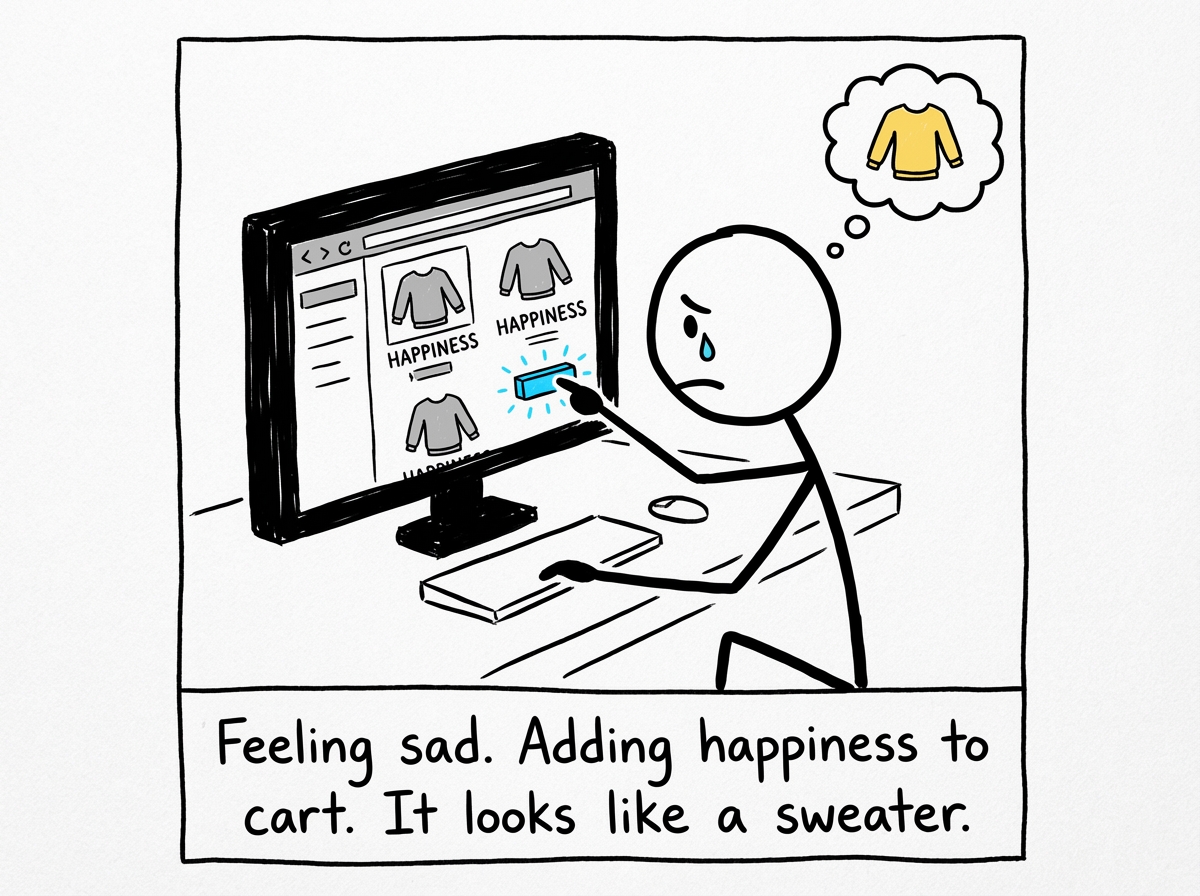 A sad stick figure sitting on a couch with a rain cloud over their head, scrolling on a laptop. They click 'Add to Cart' on a cozy sweater. The product listing does not say 'Sweater' -- it says 'Happiness' with a price tag of $49.99. The figure's thought bubble reads 'This will fix it.'