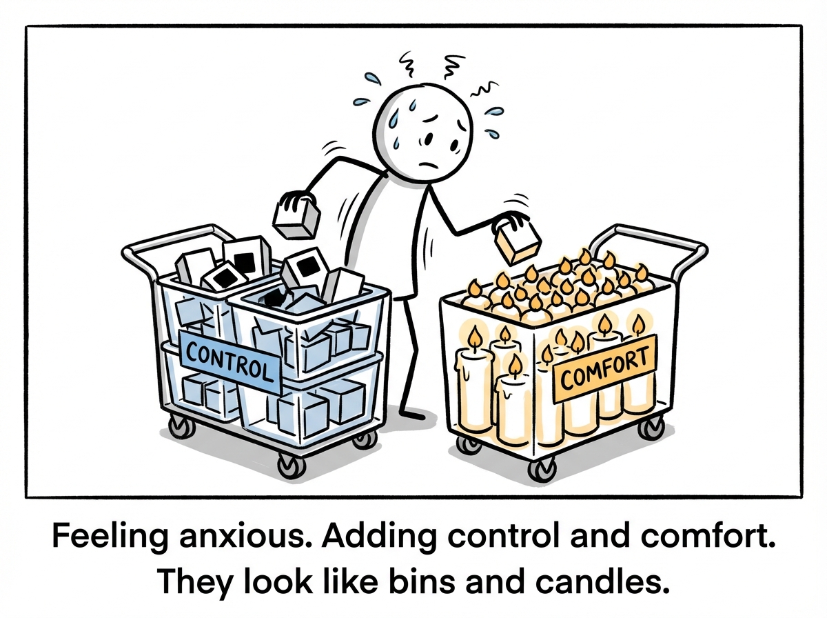 The same stick figure, now with jittery anxiety lines around their body, adding more items to the cart. The products are labeled 'Control' (a set of matching storage bins), 'Worthiness' (a designer bag), and 'Calm' (a weighted blanket). The cart icon in the corner shows 7 items. The figure's eyes are slightly manic.
