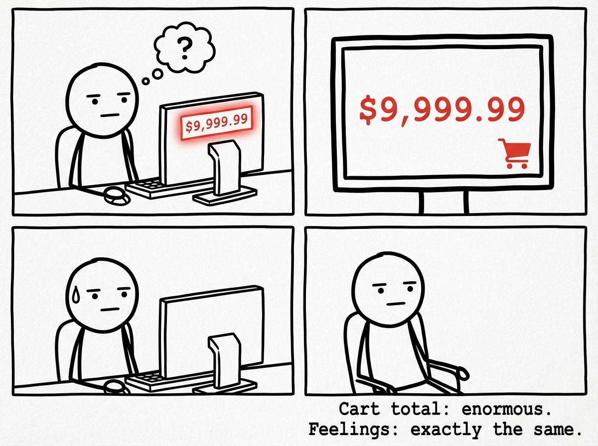 The stick figure staring at a checkout screen showing a cart total of $847.63. The cart is overflowing with emotion-labeled boxes. But next to the figure, a feelings meter shows their emotional state is exactly the same as panel 1 -- the sad rain cloud is still there, the anxiety lines are still there. Nothing has changed except the number.