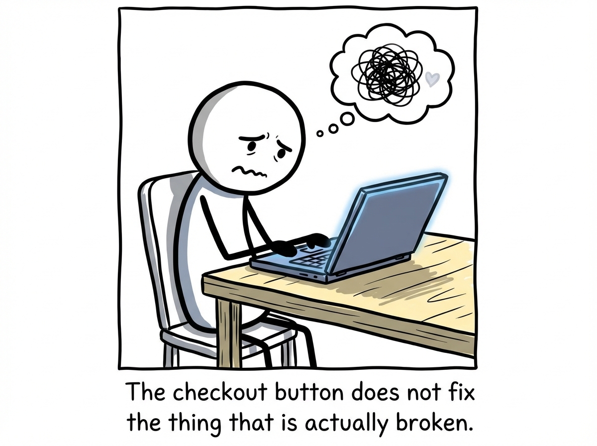 The stick figure pausing with their finger hovering over the 'Place Order' button. They look down and notice a small, cracked heart sitting on the desk next to the laptop, clearly the actual thing that needs attention. The checkout button has tiny text underneath that reads 'This will not fix that.' The figure's expression shifts from compulsive to quietly honest.